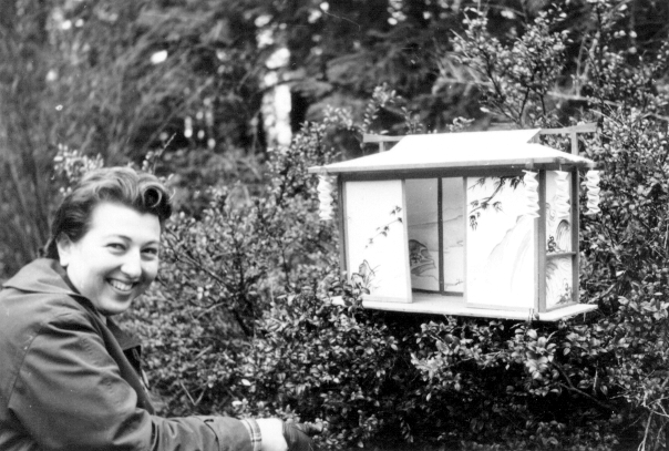 Dorothy Laker and her model of the Teahouse